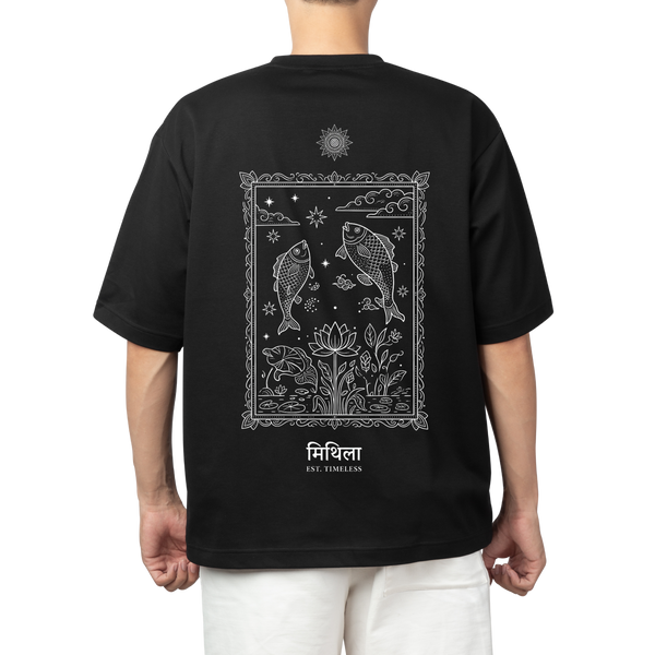 MITH Pokhar Oversized T-Shirt – Minimal Madhubani Koi Artwork | 240 GSM | Unisex