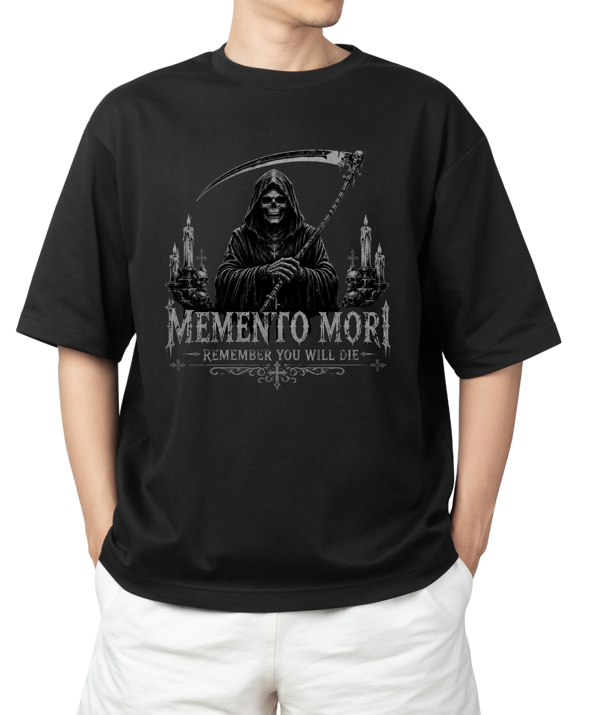 Memento Mori Oversized T-Shirt | Gothic Grim Reaper Graphic Tee | Premium 240 GSM Streetwear Alternative Title