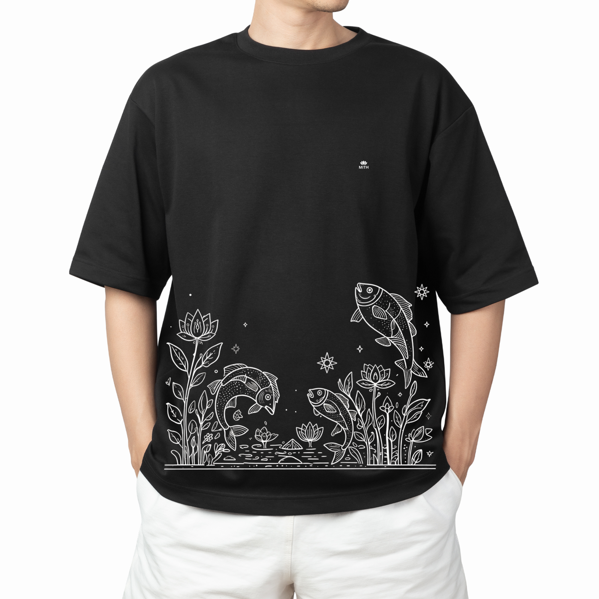 MITH Koi Pond Oversized T-Shirt – Minimal Madhubani Inspired Graphic | 240 GSM | Unisex