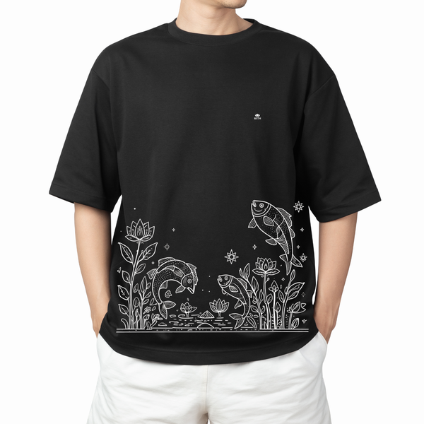 MITH Koi Pond Oversized T-Shirt – Minimal Madhubani Inspired Graphic | 240 GSM | Unisex