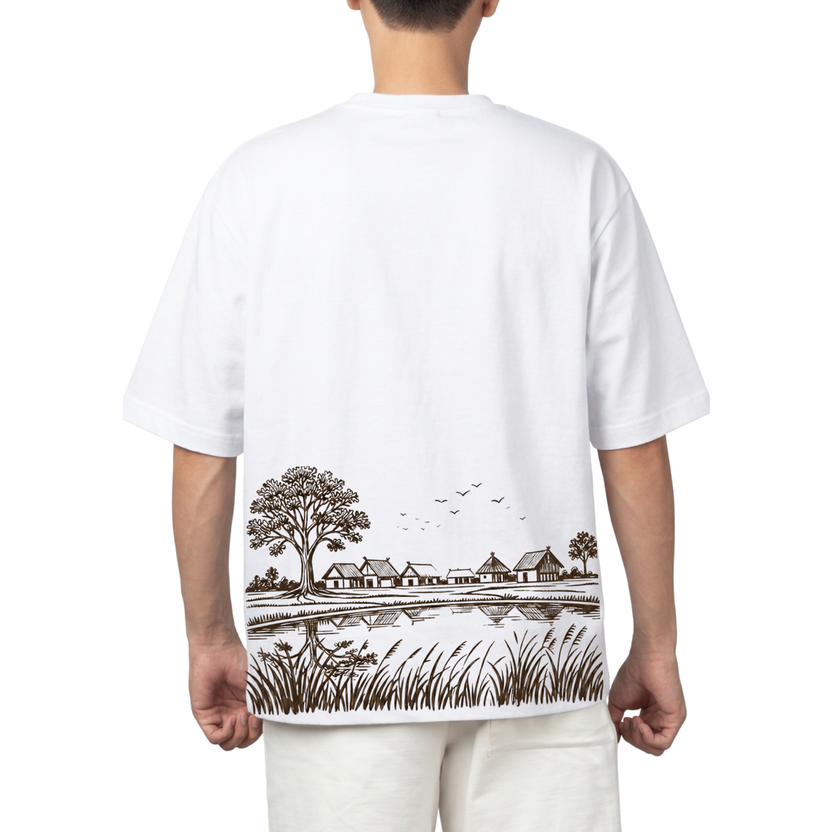 MITH Stay Grounded Oversized T-Shirt – Village Landscape Graphic | 240 GSM | Unisex