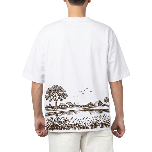 MITH Stay Grounded Oversized T-Shirt – Village Landscape Graphic | 240 GSM | Unisex