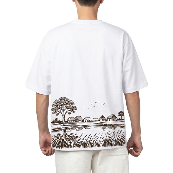 MITH Stay Grounded Oversized T-Shirt – Village Landscape Graphic | 240 GSM | Unisex